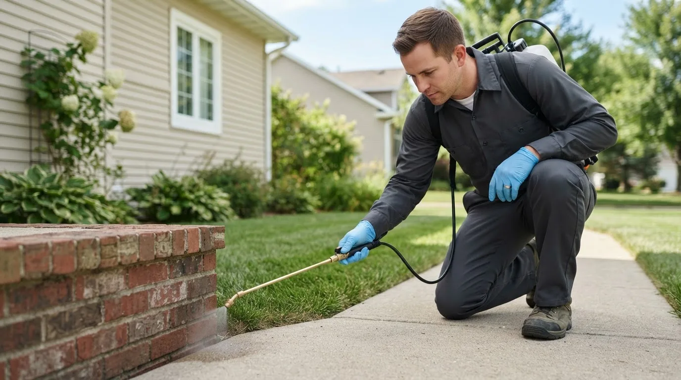 Pest control technician treating a home near Fairfax, IA
