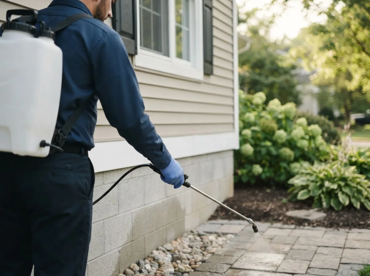 Pest control technician inspecting a home in Fairfax, IA